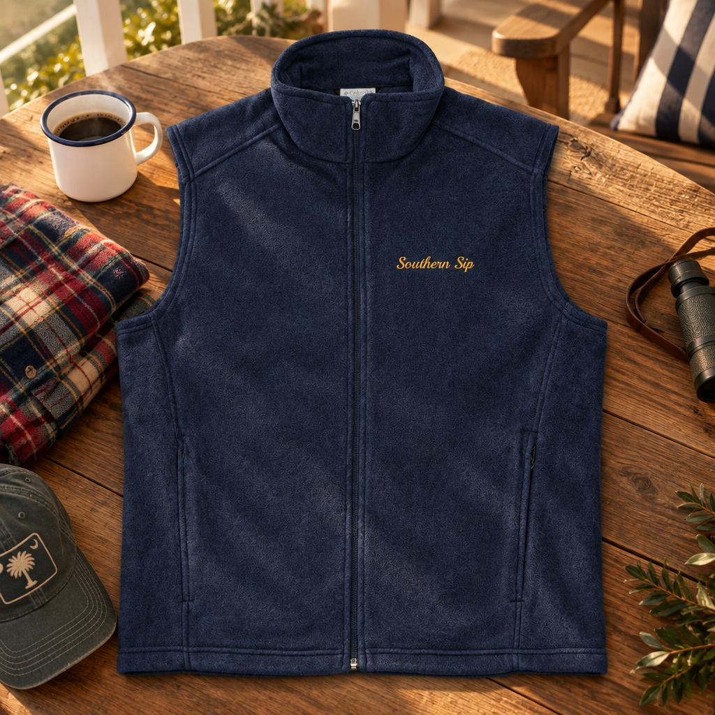 Collegiate navy Southern Sip men's Columbia fleece vest in a refined Southern morning editorial setting
