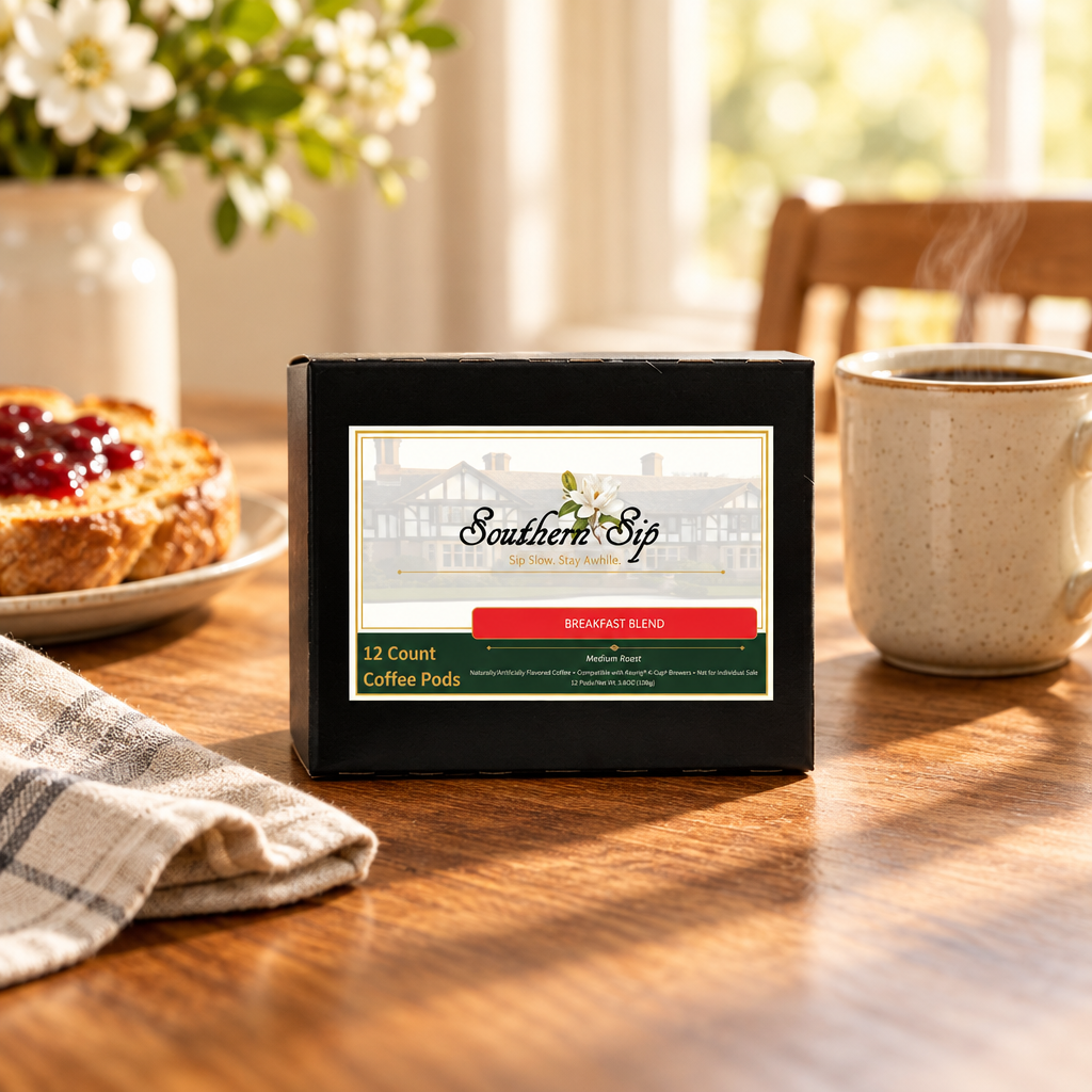Breakfast Blend coffee box in a warm breakfast-table setting