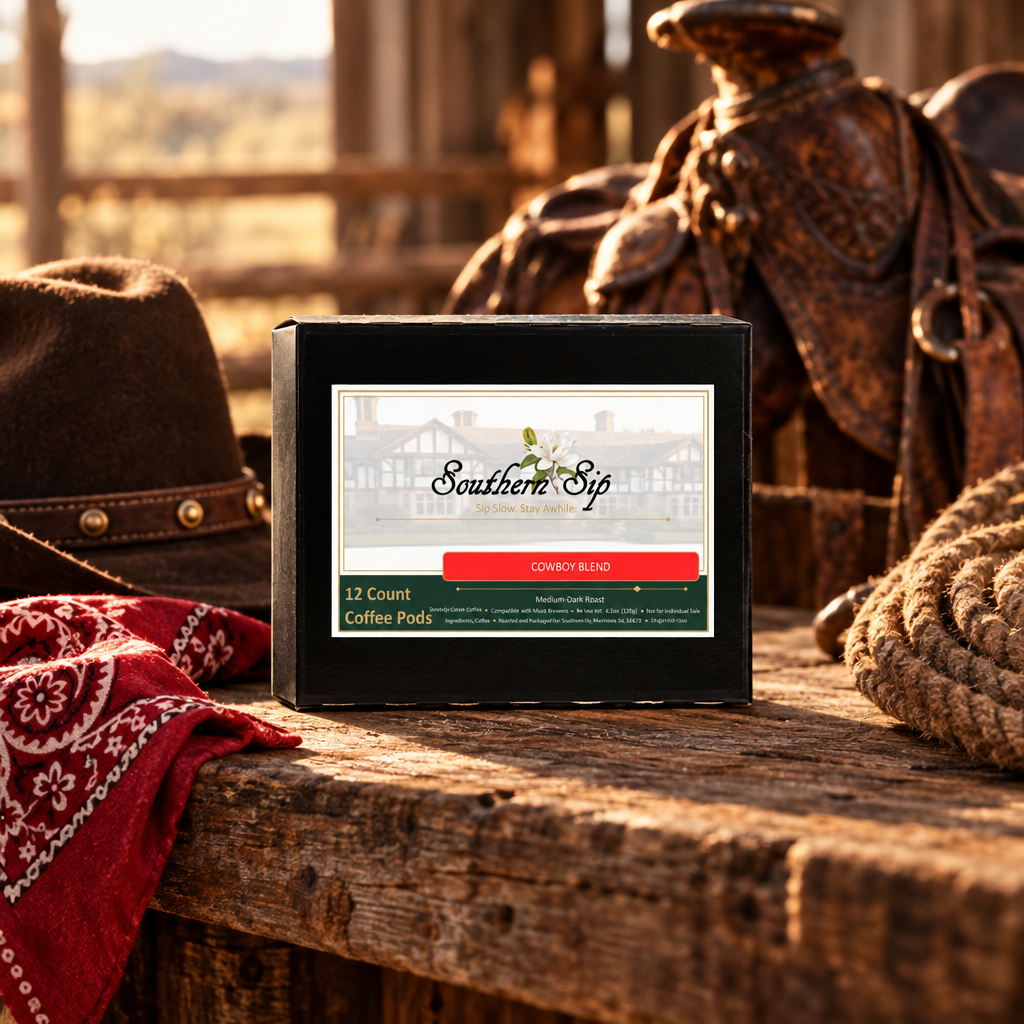 Cowboy Blend coffee box in a Western editorial setting