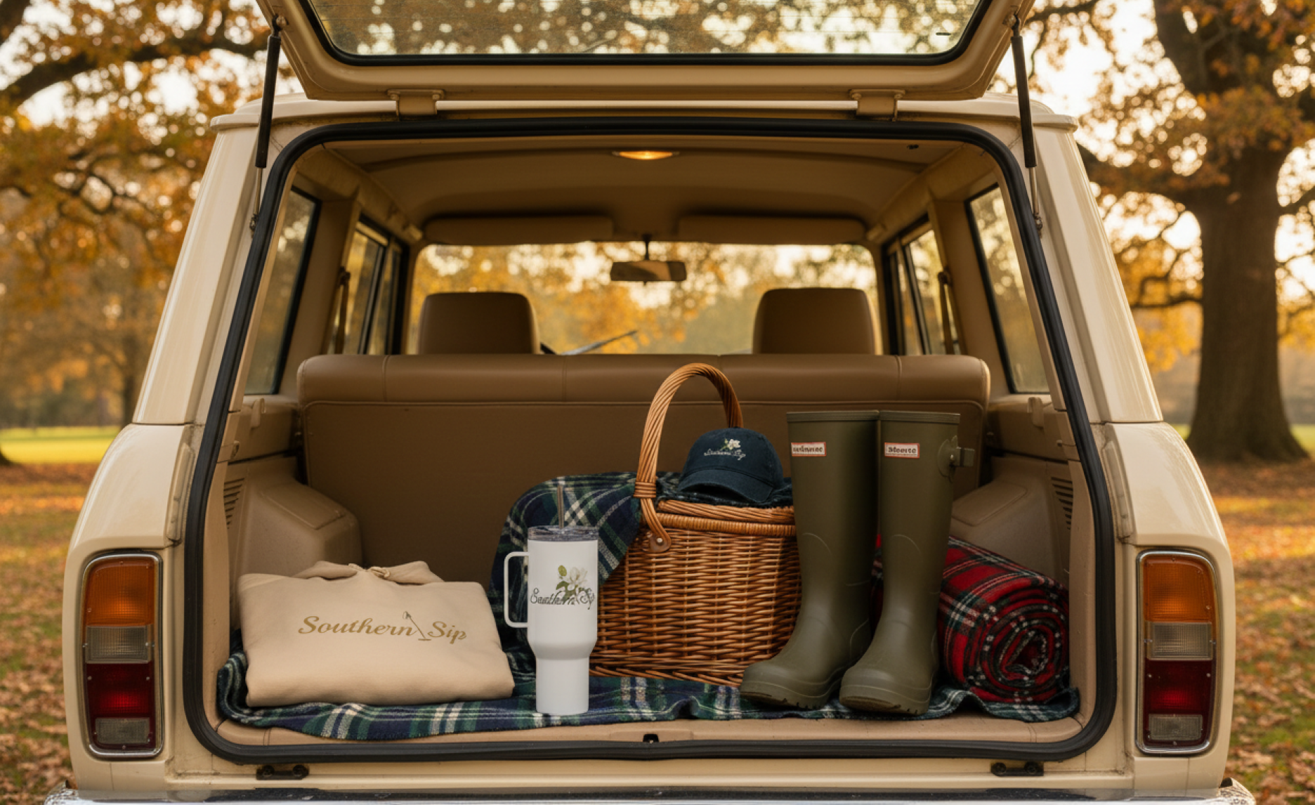 Open car trunk with picnic items including a basket, boots, and a tumbler, set against a natural background.