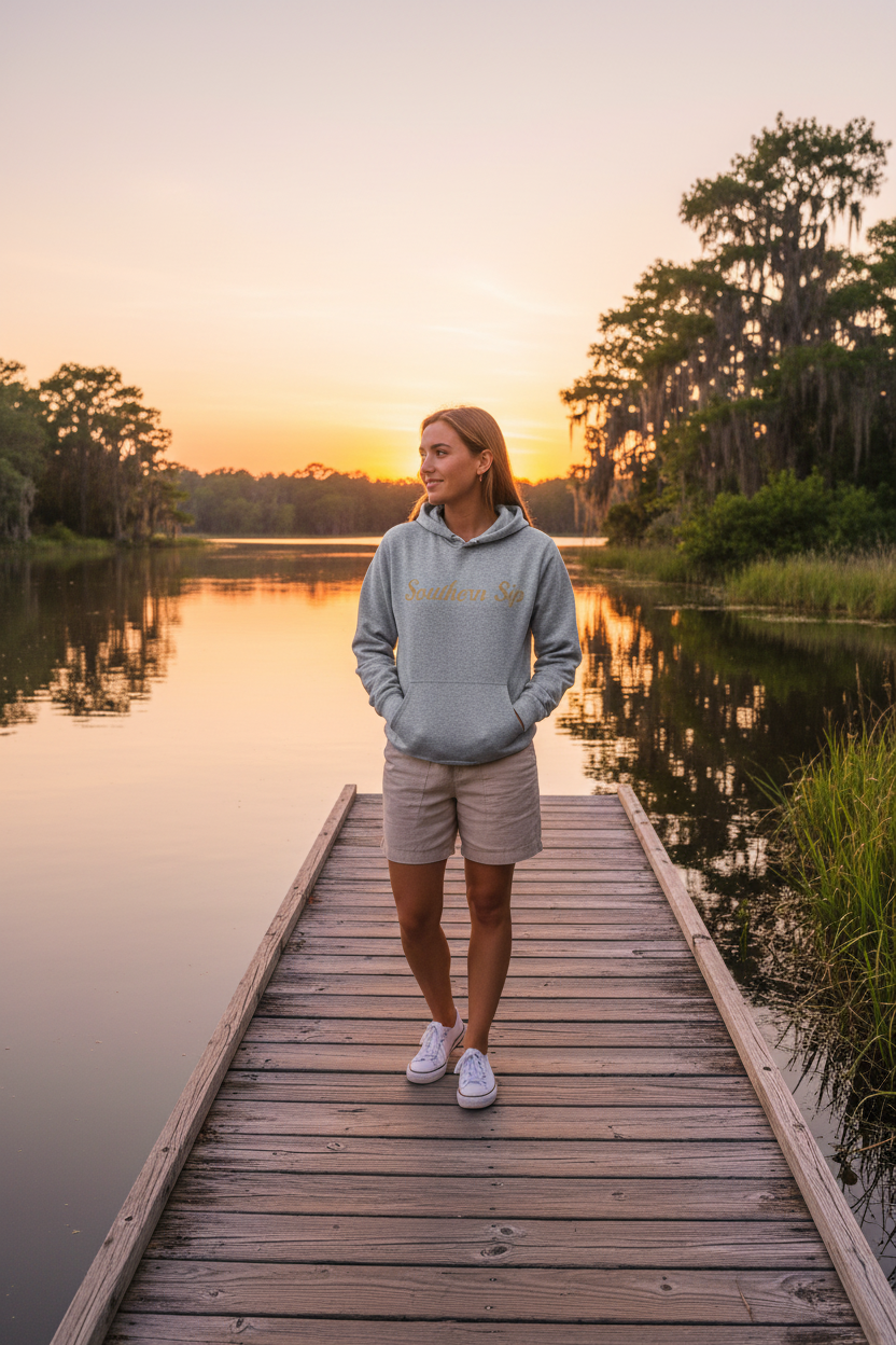Model wearing athletic heather Southern Sip hoodie on a lakeside dock at golden hour