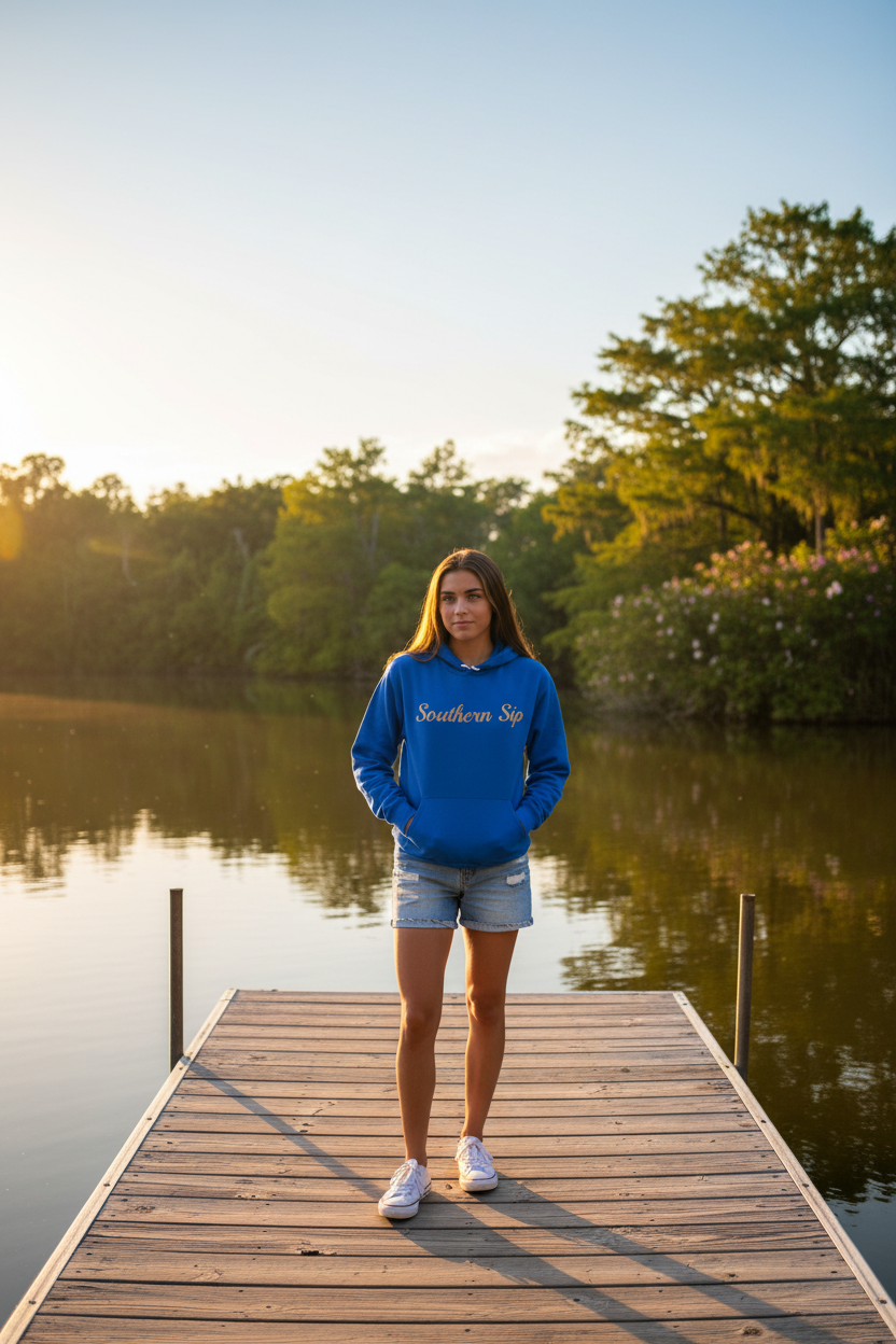 Model wearing true royal Southern Sip hoodie on a lakeside dock at golden hour