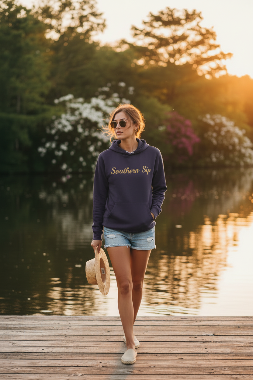 Model wearing team purple Southern Sip hoodie on a lakeside dock at golden hour