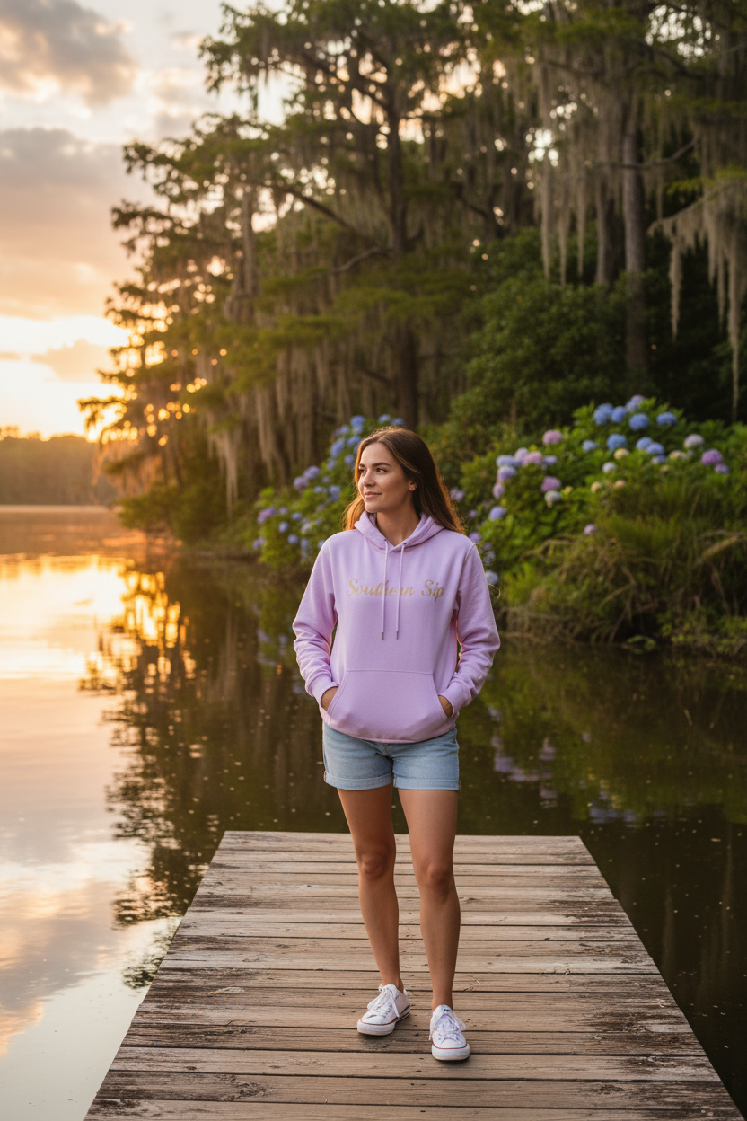 Model wearing lilac Southern Sip hoodie on a lakeside dock at golden hour