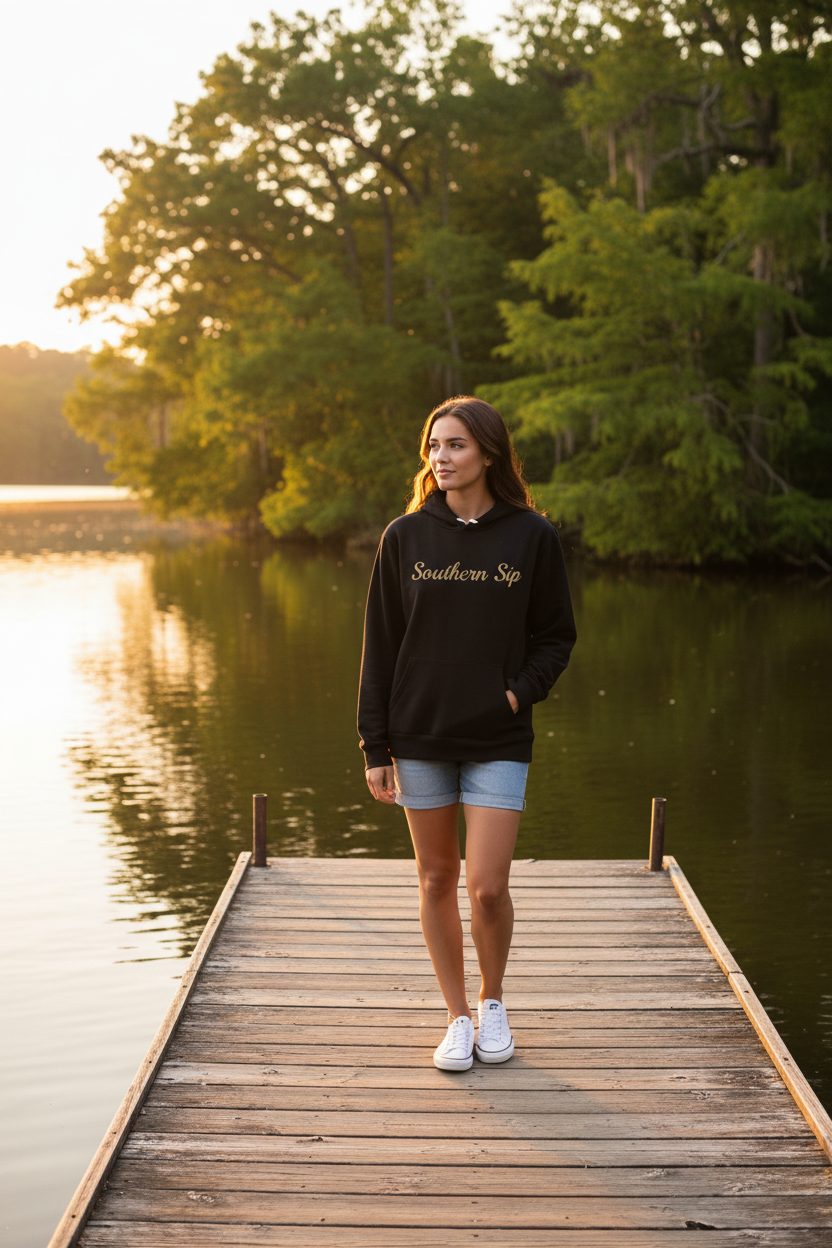 Model wearing black Southern Sip hoodie on a lakeside dock at golden hour