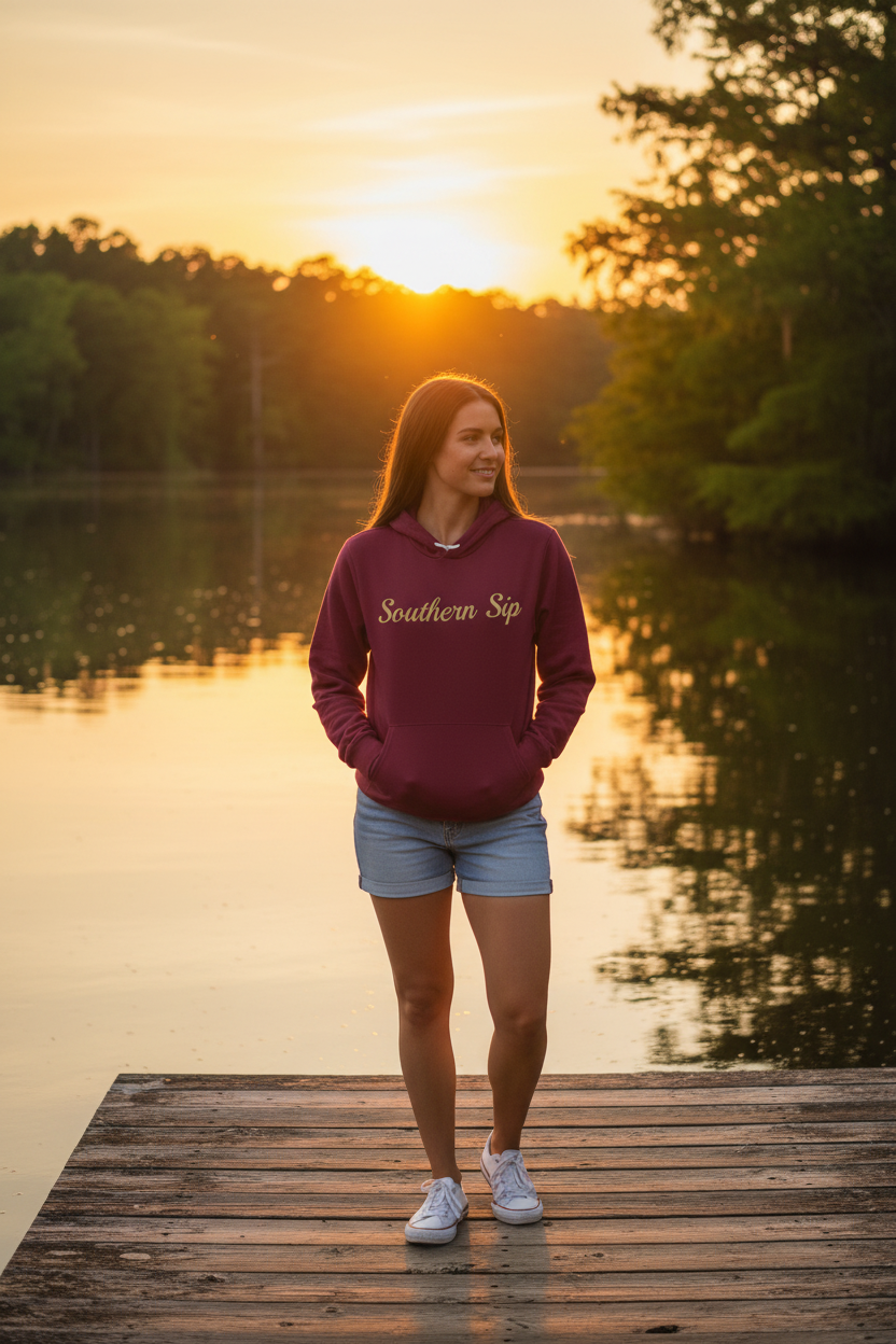 Model wearing maroon Southern Sip hoodie on a lakeside dock at golden hour