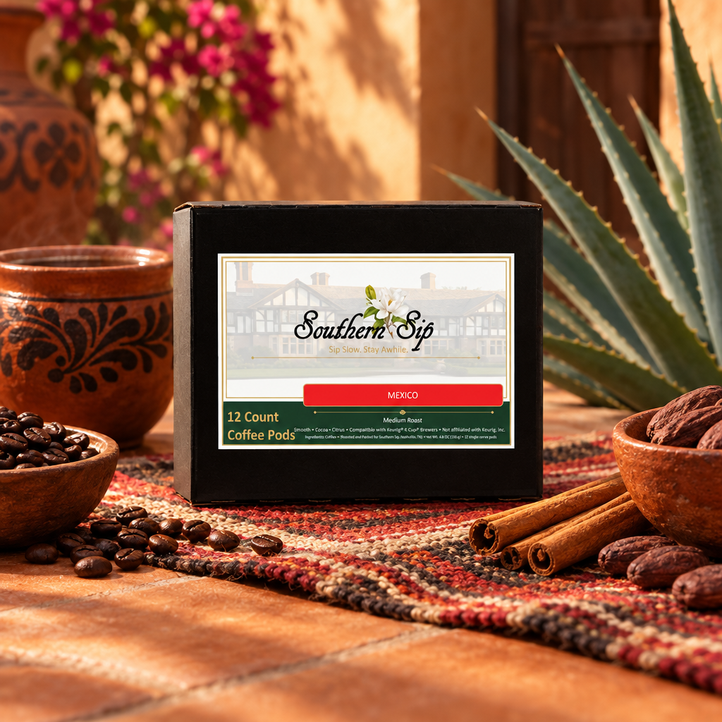 Mexico coffee box in a refined Mexican-inspired editorial setting