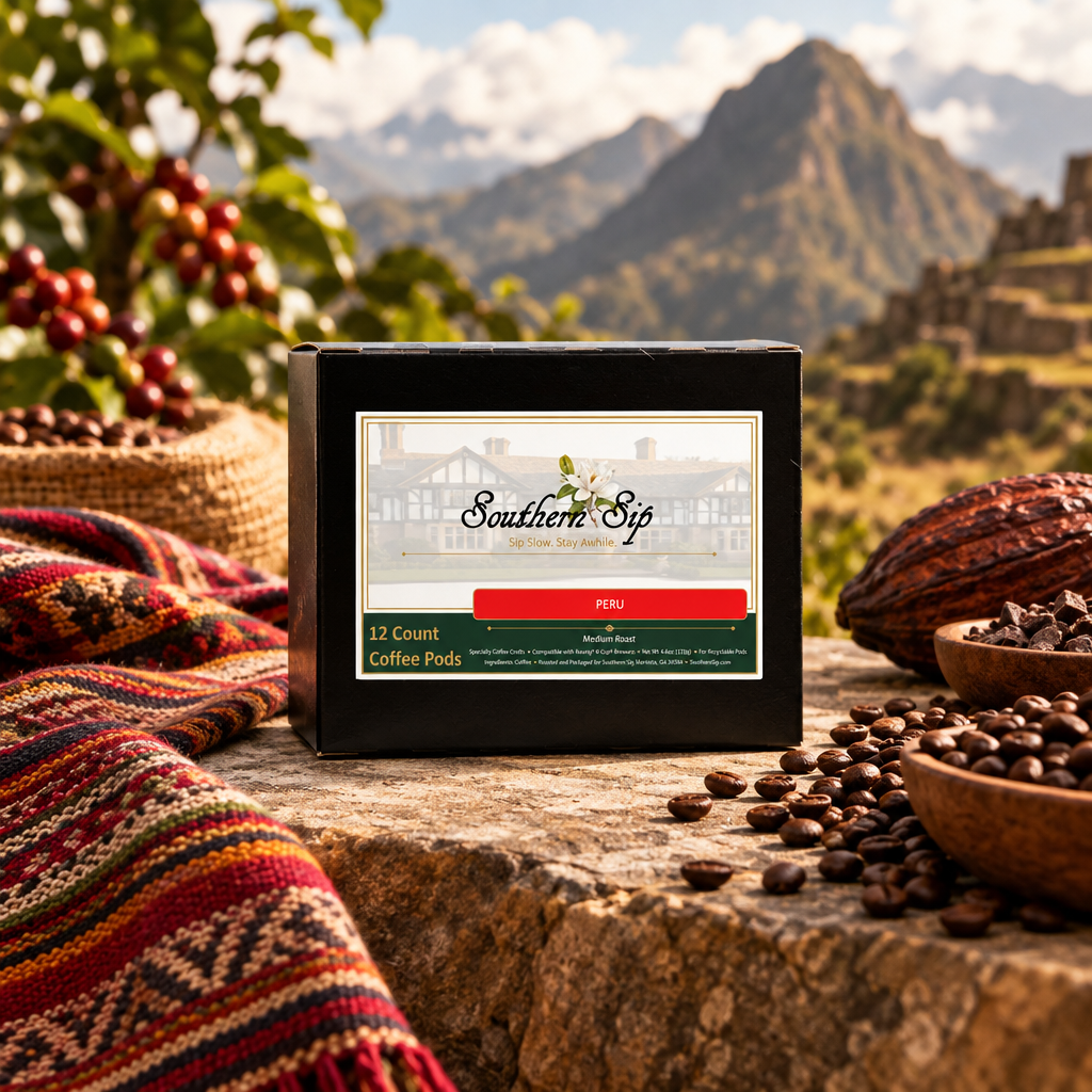Peru coffee box in an Andean-inspired editorial setting