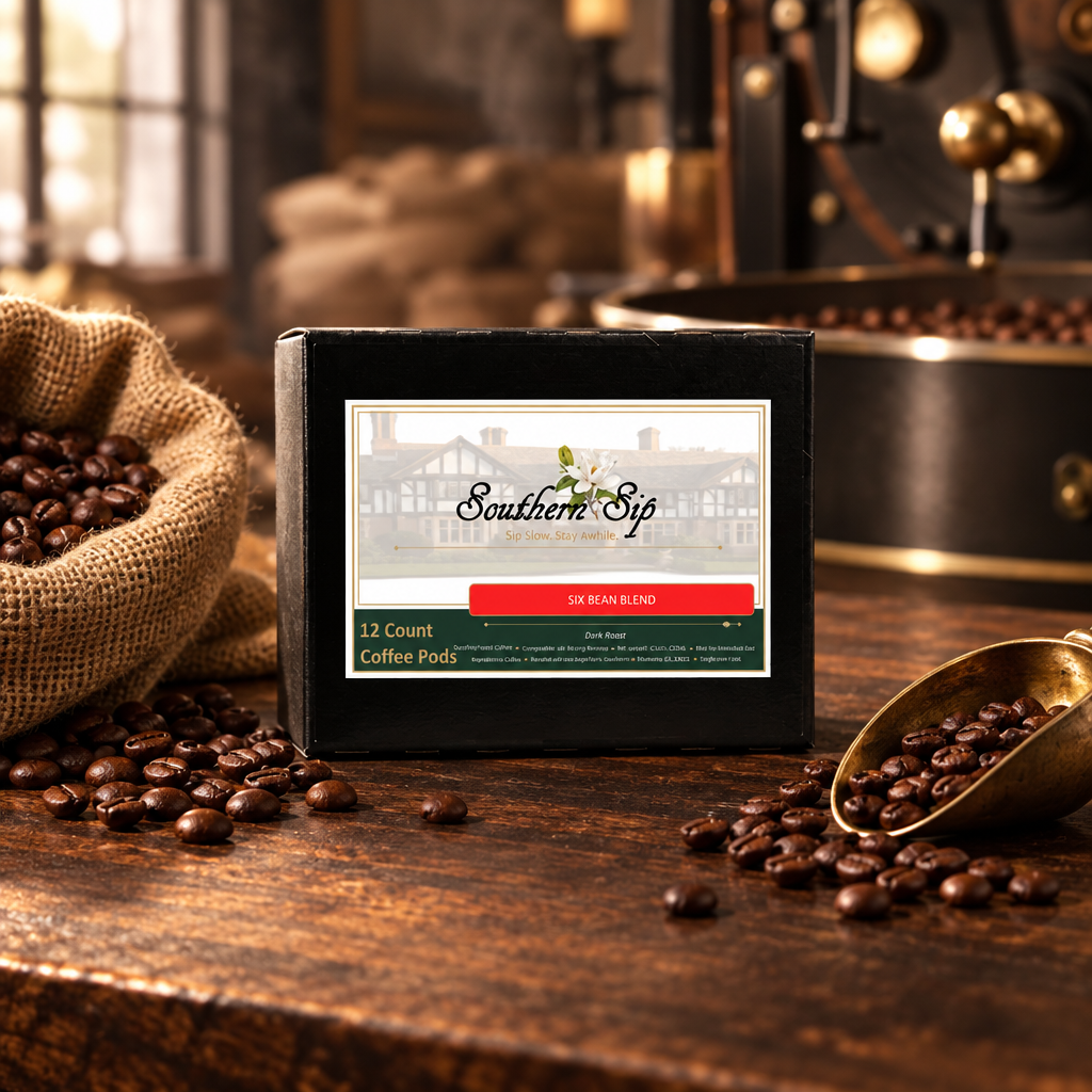 Six Bean Blend coffee box in a craft-roastery setting