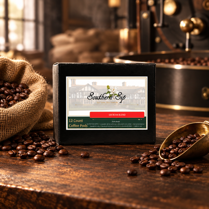 Six Bean Blend coffee box in a craft-roastery setting