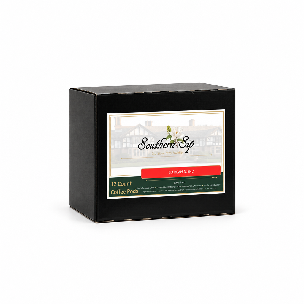 Six Bean Blend coffee box turned to a left-facing three-quarter angle